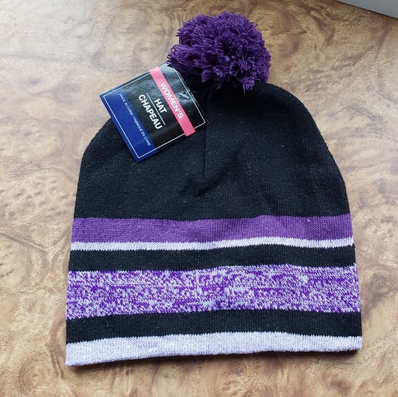 Accessories - Purple Striped Pom Pom Beanie